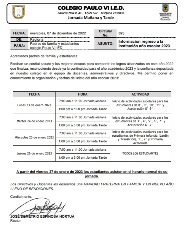 Circular inicio de clases 2023