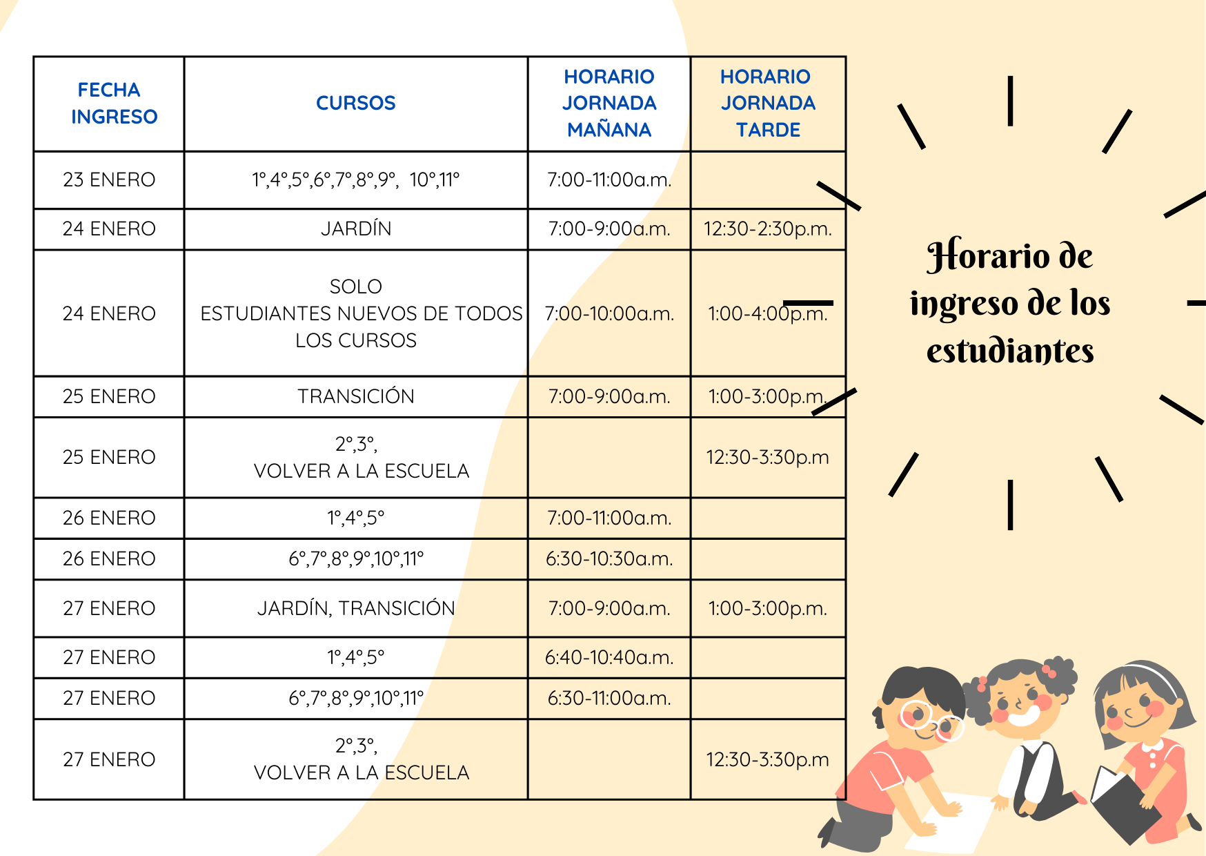 Horario de ingreso de los estudiantes 2023