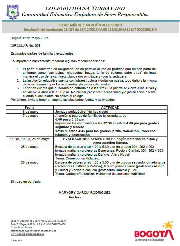 CIRCULAR No. 005-2023 (JORNADA TARDE)
