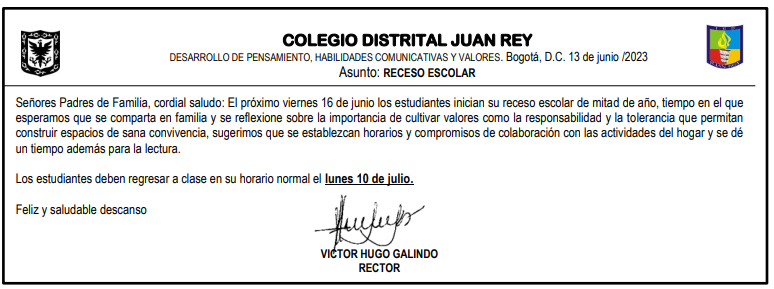 CIRCULAR INFORMATIVA (RECESO ESCOLAR)