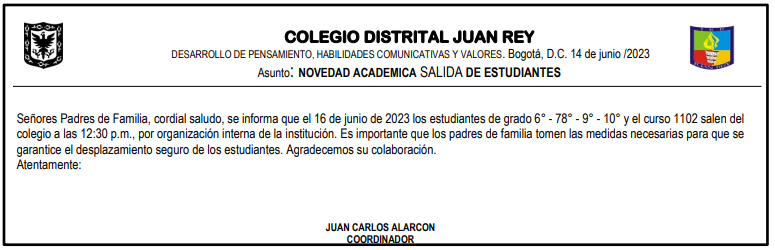 NOVEDAD ACADEMICA 16 DE JUNIO 