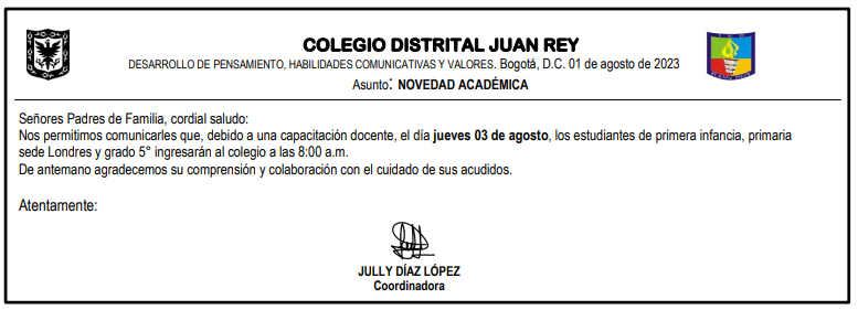 NOVEDAD ACADÉMICA 3 DE AGOSTO 