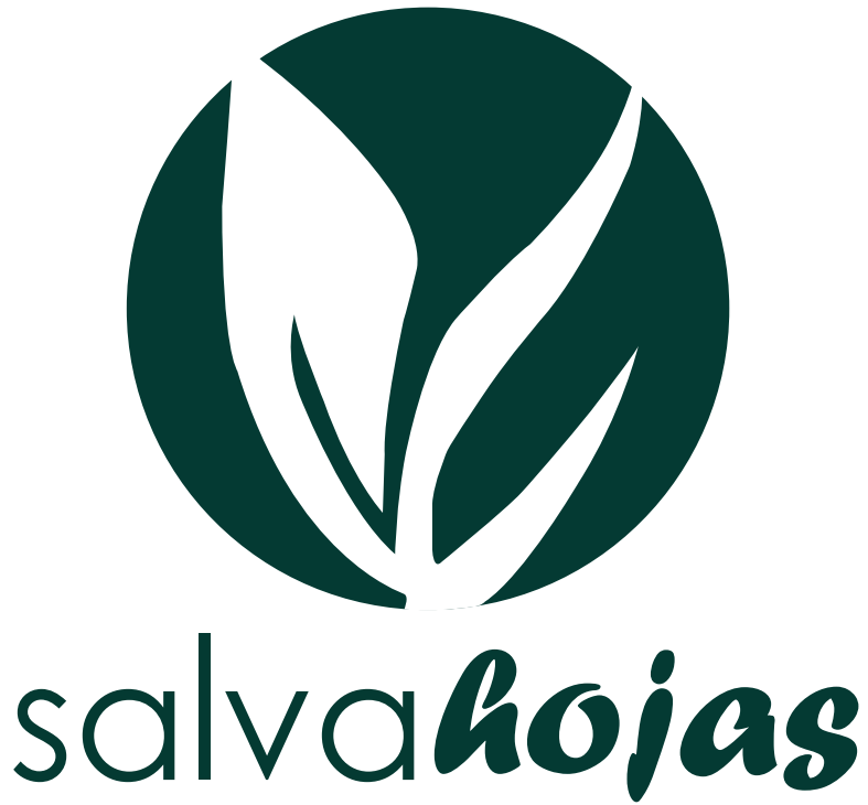 Logo de Salvahojas. En un circulo verde oscuro dibujado en blanco aparece una planta cuyas hojas parecen un libro