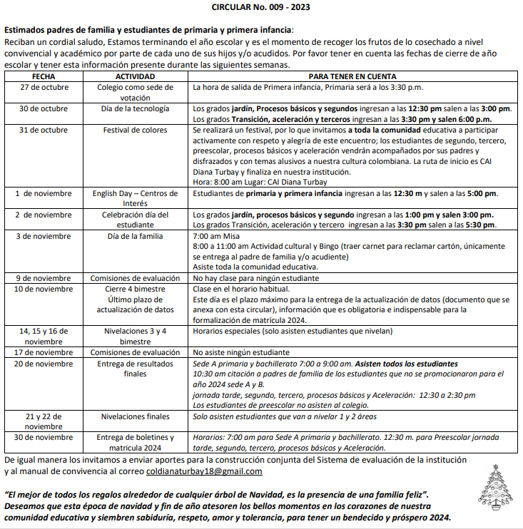 CIRCULAR No. 009 - 2023 JORNADA MAÑANA Y TARDE