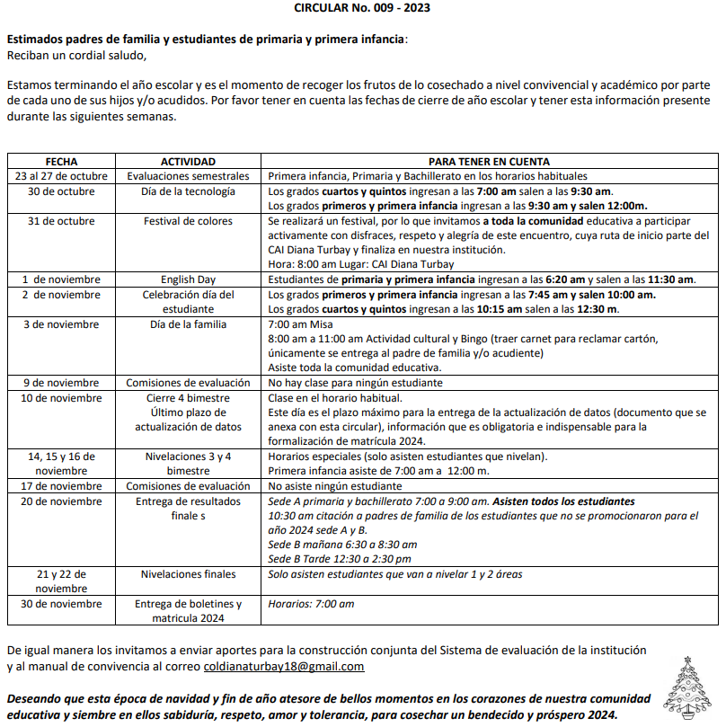 CIRCULAR No. 009 - 2023 JORNADA ÚNICA