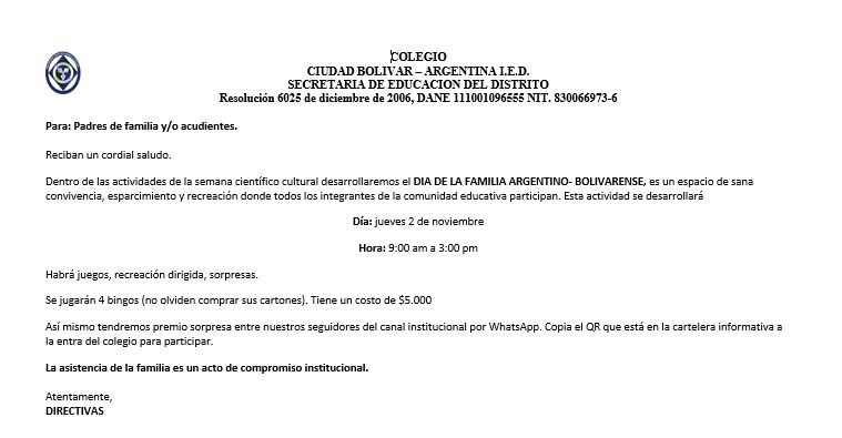 Circular a padres y madres de familia