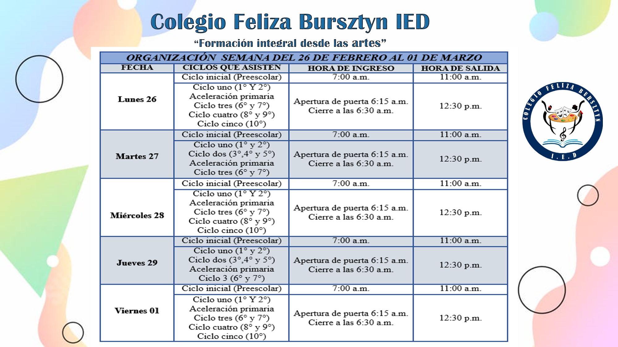 Organización semana del 26 al 01 