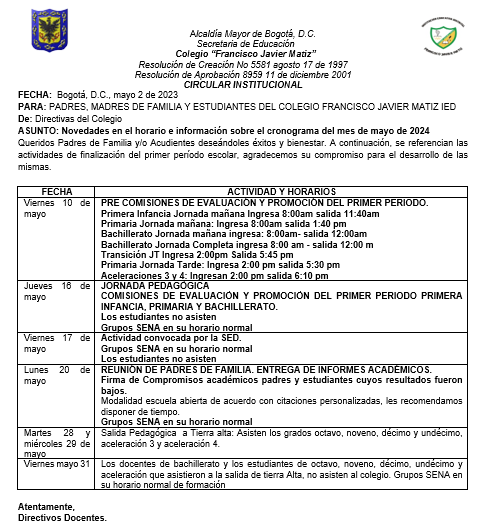 Novedades en el horario e información sobre el cronograma del mes de mayo de 2024