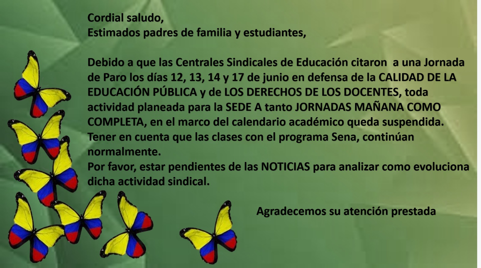 Aviso Importante: Jornada de defensa de la Calidad de la educación pública y de los derechos de los docentes 