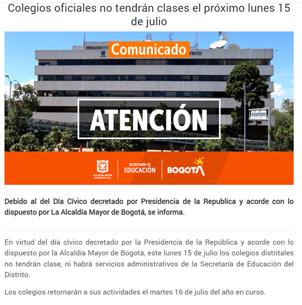 Día cívico 15 de julio. No habrá clase.