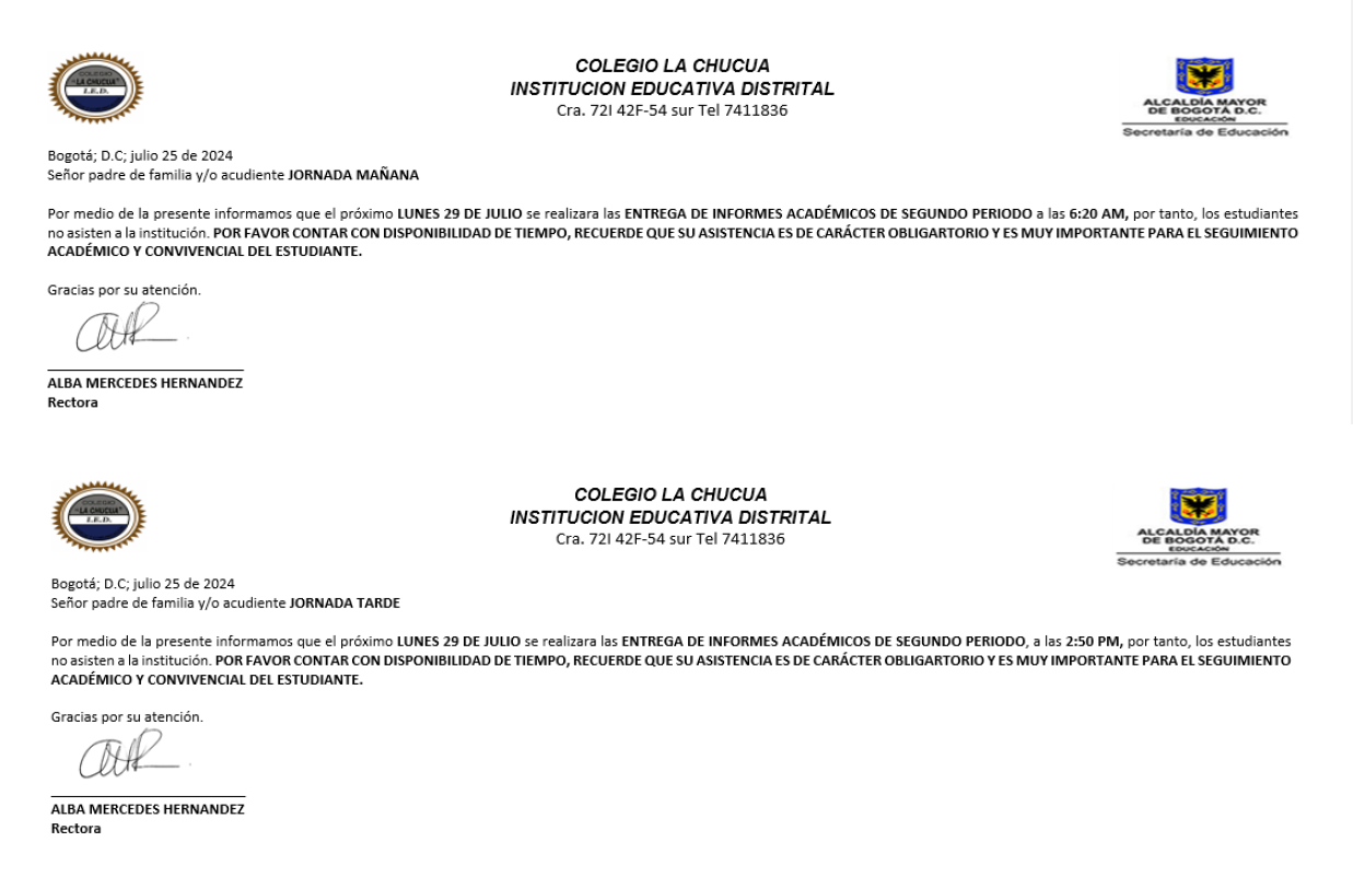 Entrega de informes académicos de segundo periodo