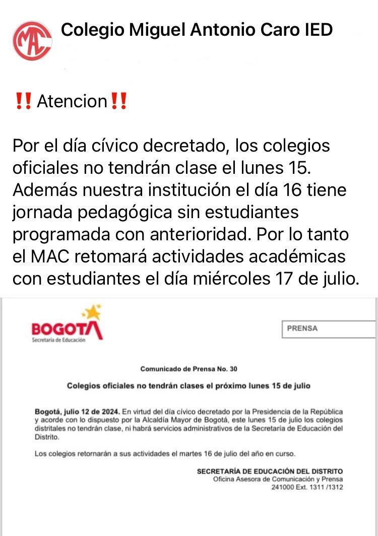 Colegios Oficiales No Tendrán Clases el Lunes 15 de Julio de 2024