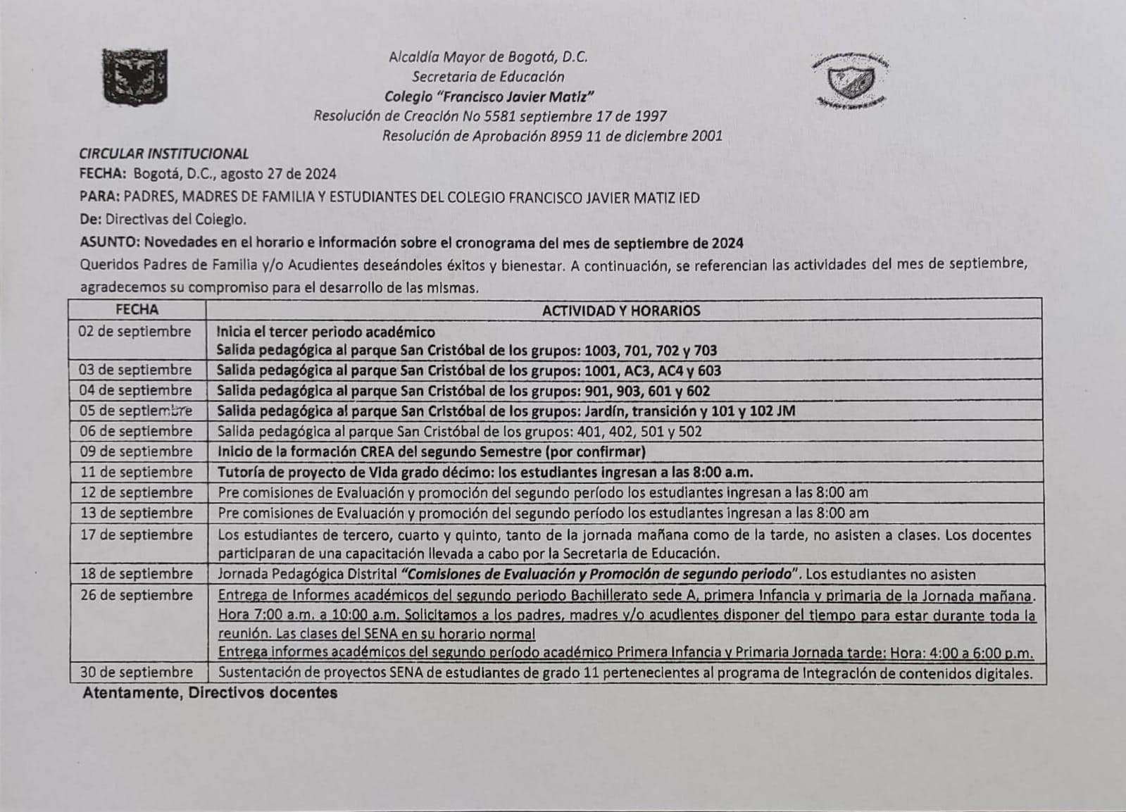 Novedades en el horario e información sobre el cronograma del mes de septiembre de 2024.