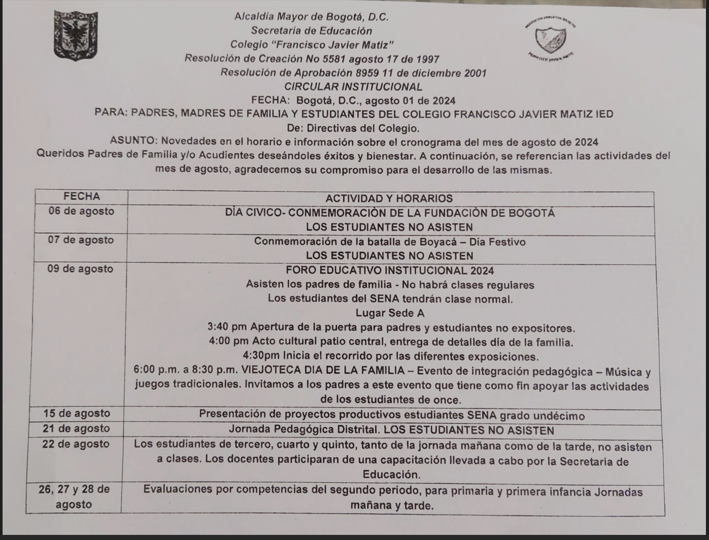 Novedades en el horario e información sobre el cronograma del mes de agosto de 2024 