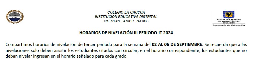 Horarios de nivelación III periodo JT