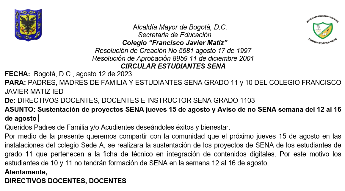 Sustentación de proyectos SENA jueves 15 de agosto y Aviso de no SENA semana del 12 al 16 de agosto  