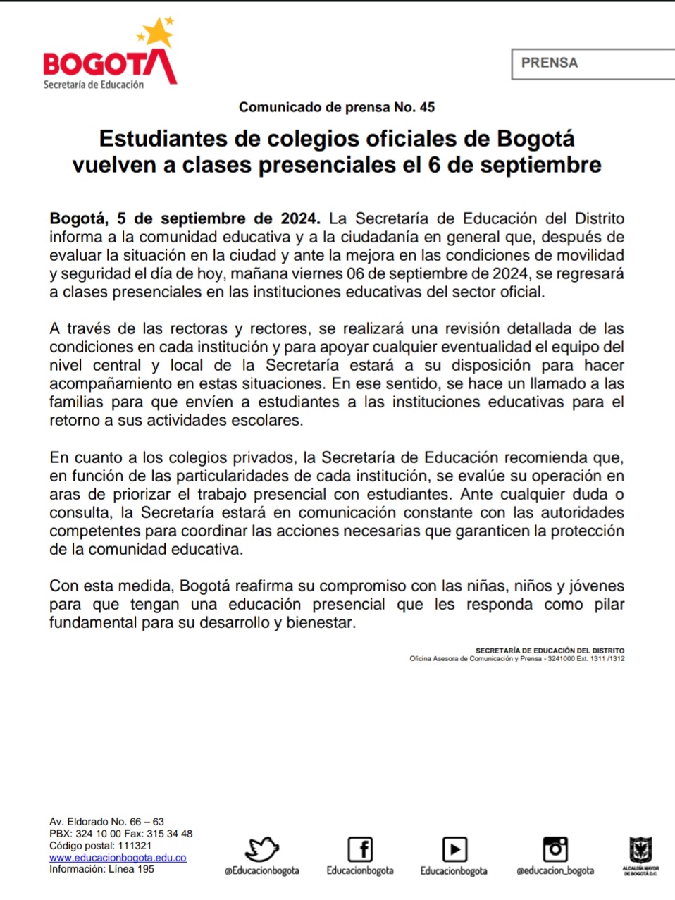 Aviso sobre regreso a clases presenciales 