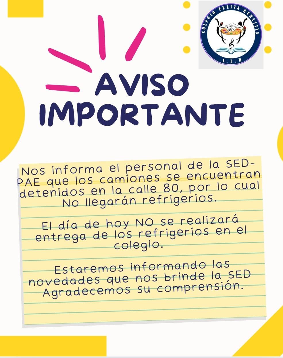 CANCELACIÓN ENTREGA DE REFRIGERIO JUEVES 05 DE SEPT.