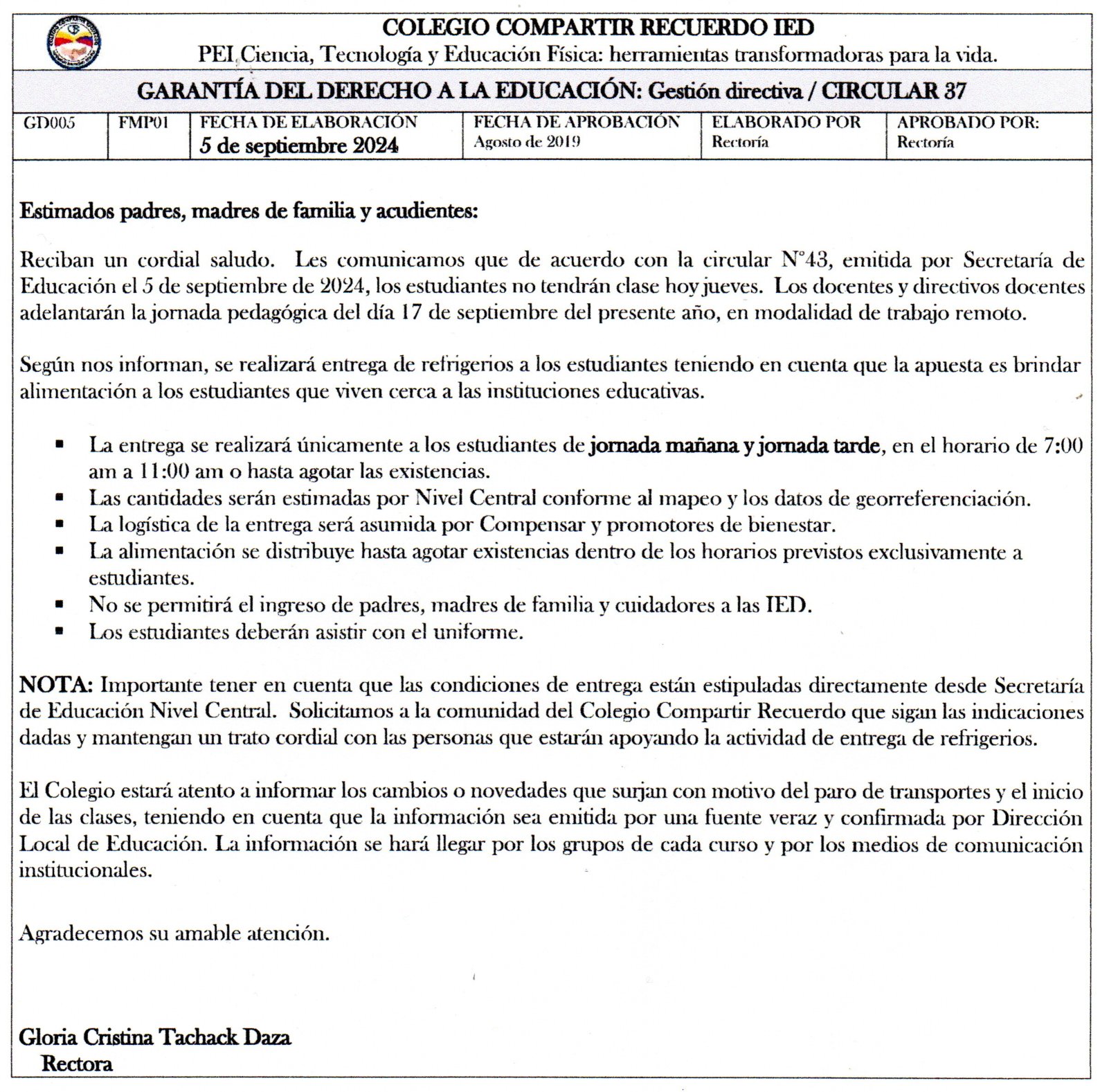 SEP 5 NO HAY CLASE RECLAMAR REFRIGERIO