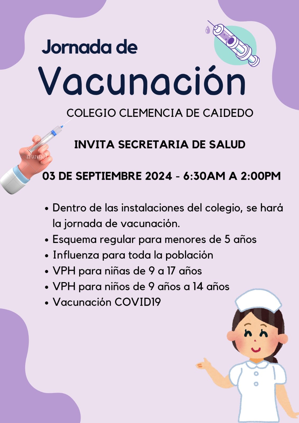 ESTE MARTES 03 DE SEPTIEMBRE SE REALIZARÁ JORNADA DE VACUNACIÓN EN NUESTRA INSTITUCIÓN DIRIGIDA A TODA LA COMUNIDAD CLEMENCISTA 