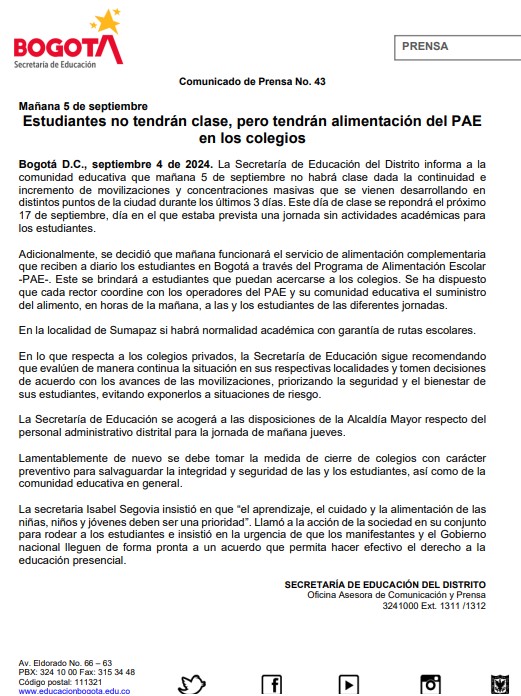 Se suspenden clases nuevamente el 5 de septiembre