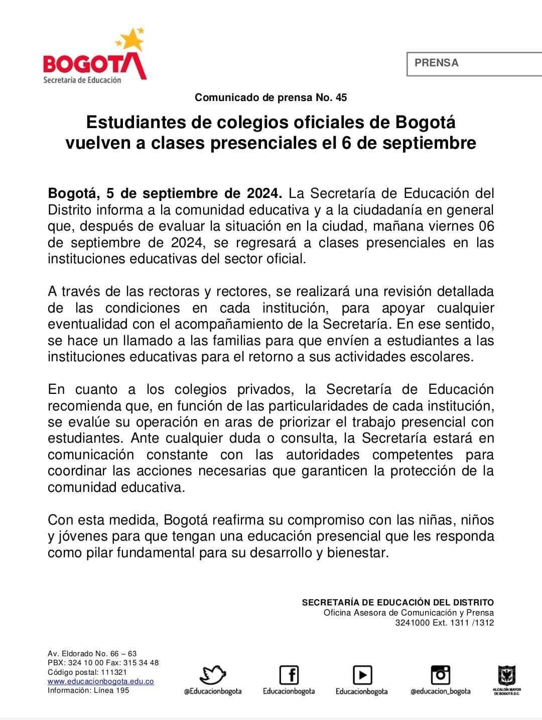 COMUNICADO DE PRENSA N°45