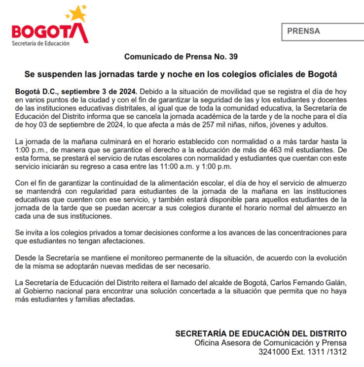 Se suspenden las jornadas tarde y noche en los colegios oficiales de Bogotá 
