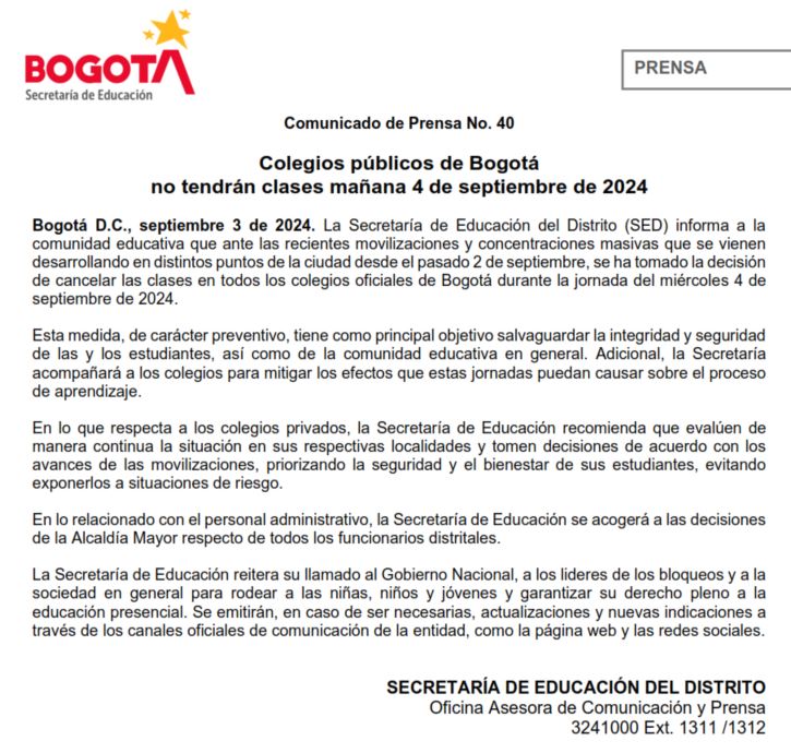 Comunicado de Prensa No. 40 Colegios públicos de Bogotá  no tendrán clases mañana 4 de septiembre de 2024 