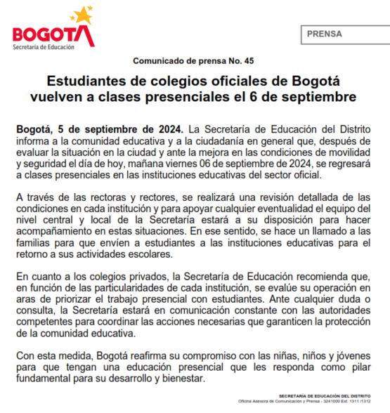 Estudiantes de colegios oficiales de Bogotá vuelven a clases presenciales el 6 de septiembre  
