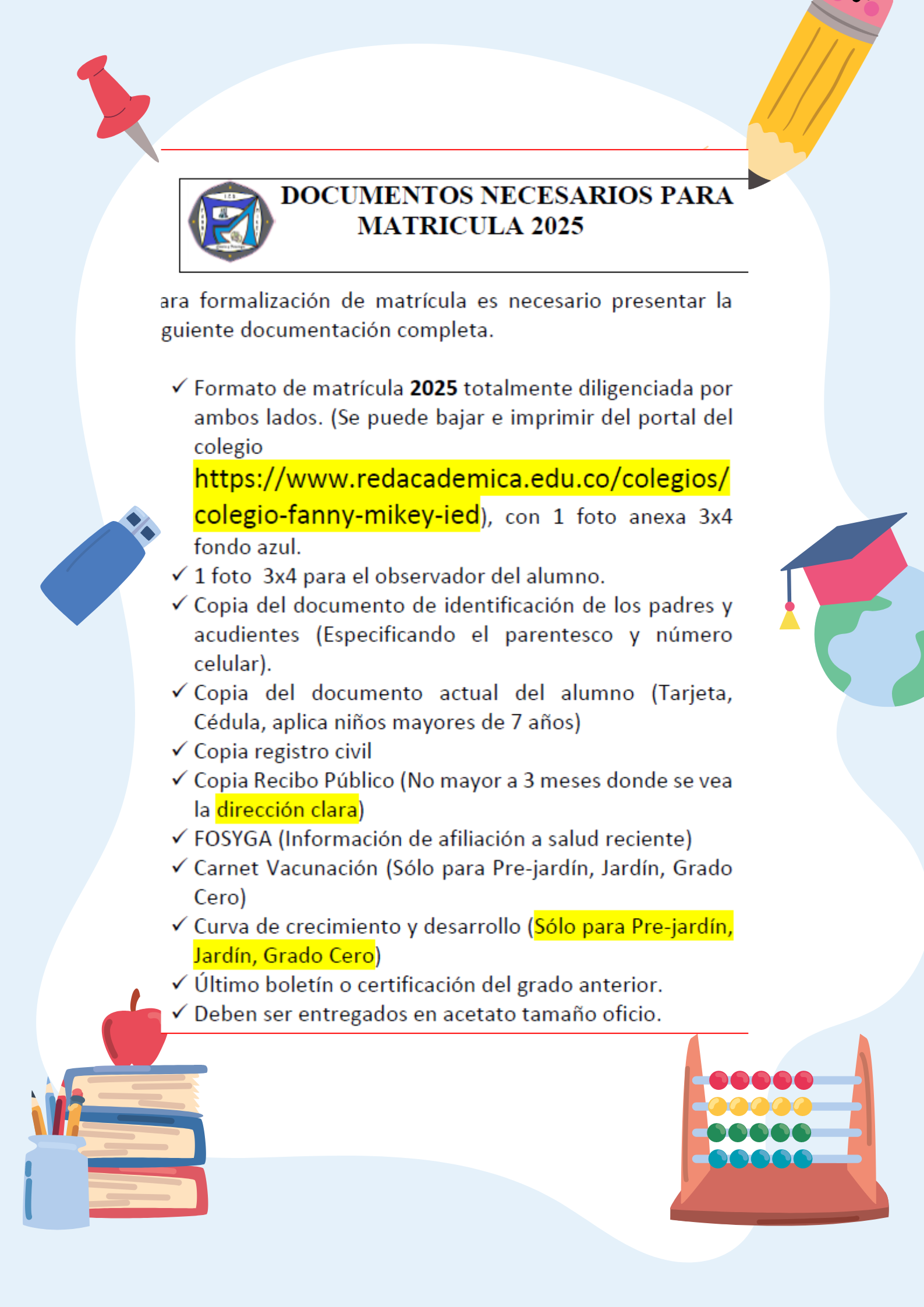 DOCUMENTOS NECESARIOS PARA MATRICULA 2025