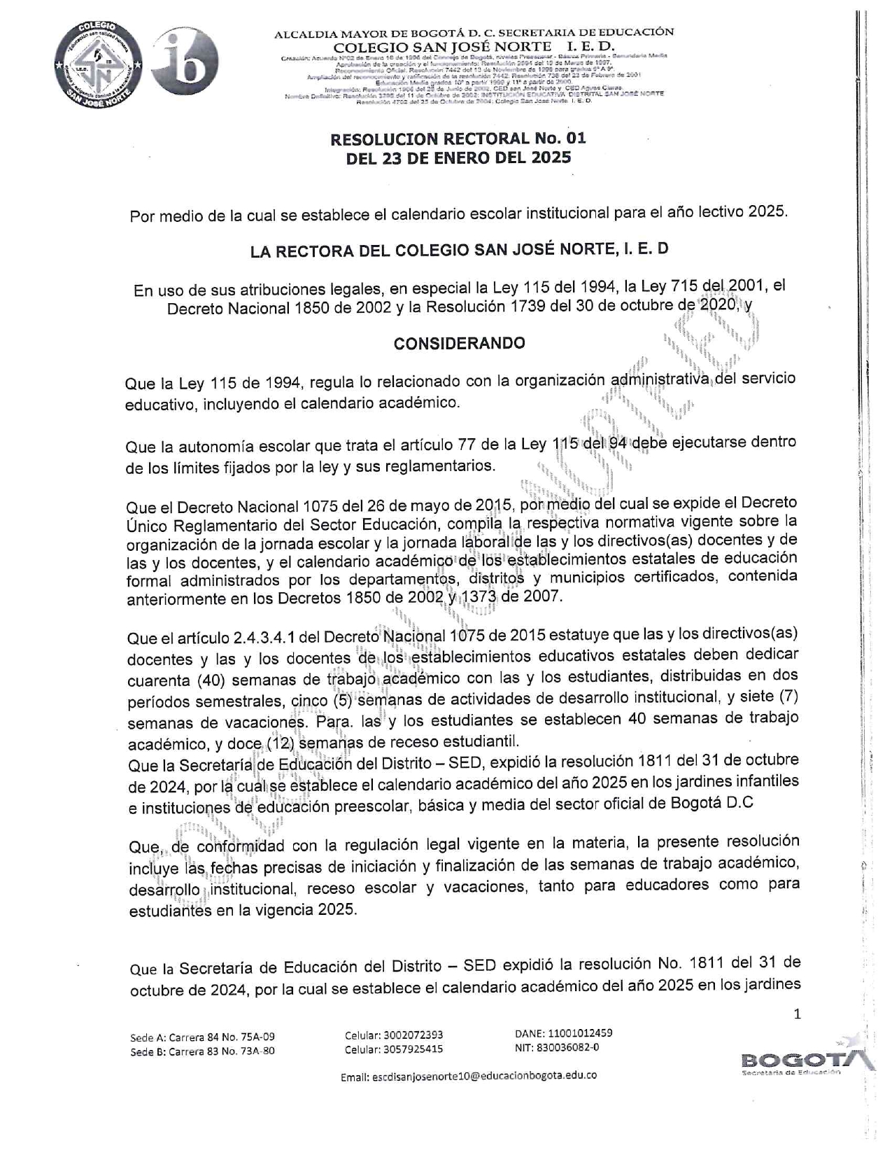 Resolución Rectoral No. 01 del 23 de enero de 2025