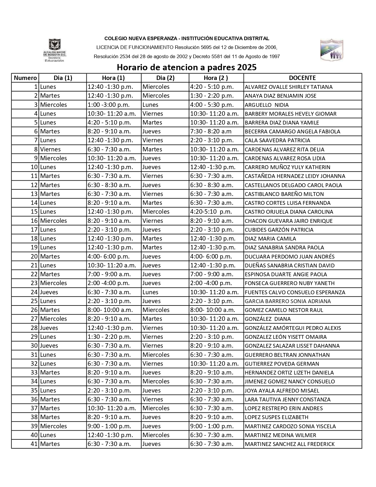 Horario de atención de los docentesb
