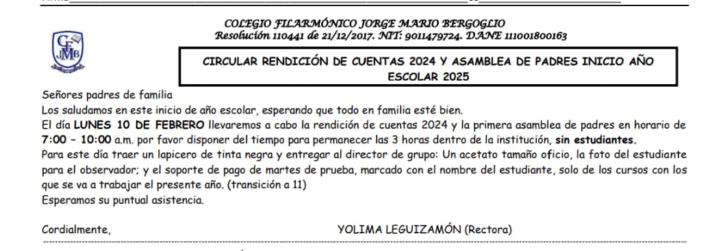 Convocatoria rendición de cuentas 2024 / asamblea de padres inicio del año escolar 2025.