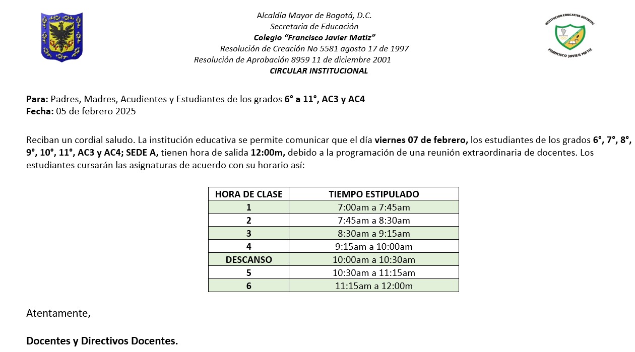 AJUSTE HORARIO VIERNES 7 DE FEBRERO INGRESO 7 AM SALIDA 12 PM