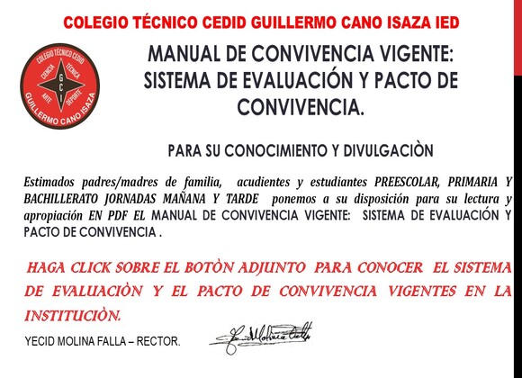 MANUAL DE CONVIVENCIA VIGENTE :  SISTEMA INSTITUCIONAL DE EVALUACIÓN Y  PACTO DE CONVIVENCIA AÑOS 2026-2027 .