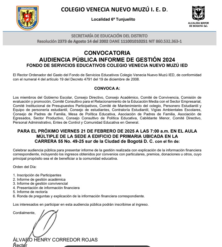 CONVOCATORIA A RENDICIÓN DE CUENTAS COLEGIO VENECIA IED - INFORME DE GESTIÓN 2024