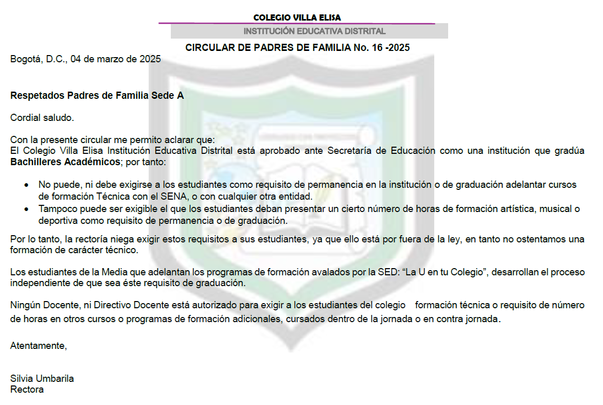 Circular de Padres de Familia No. 16 - 2025