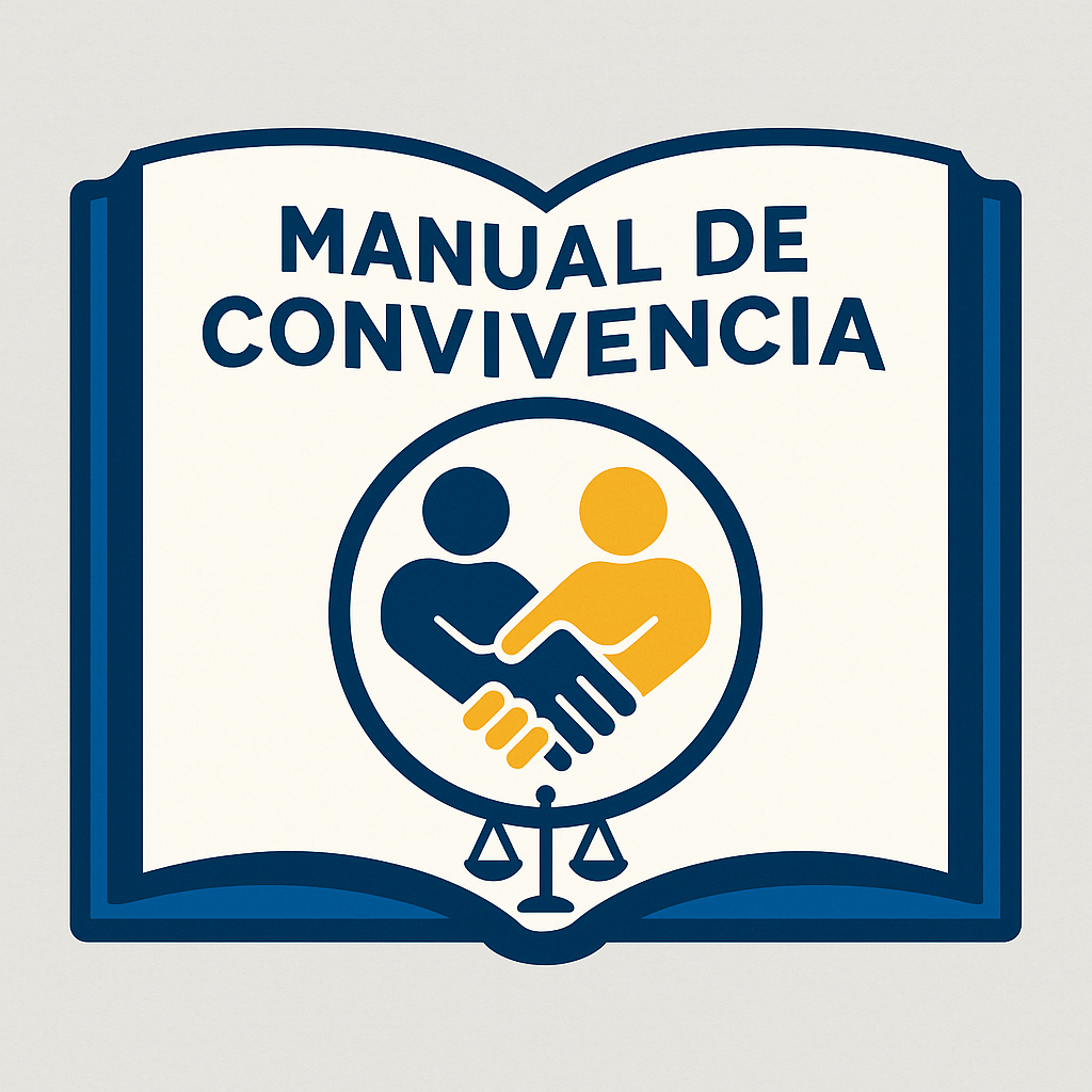 Ícono del Manual de Convivencia del Colegio Feliza Bursztyn: un libro abierto con la frase “Manual de Convivencia” en la parte superior. En el centro, dos figuras humanas, una azul y otra amarilla, se dan la mano dentro de un círculo formado por piezas de rompecabezas. Debajo, una balanza representa la justicia y el equilibrio.