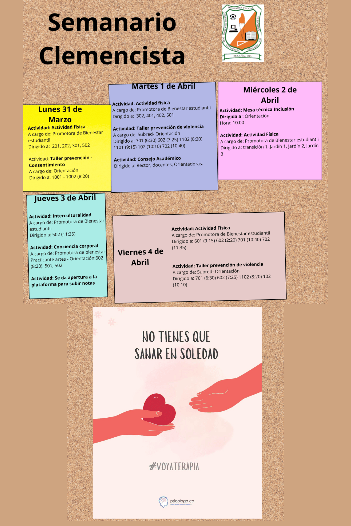 Boletín de actividades semanales del colegio Clemencia Holguín de Urdaneta I.E.D.