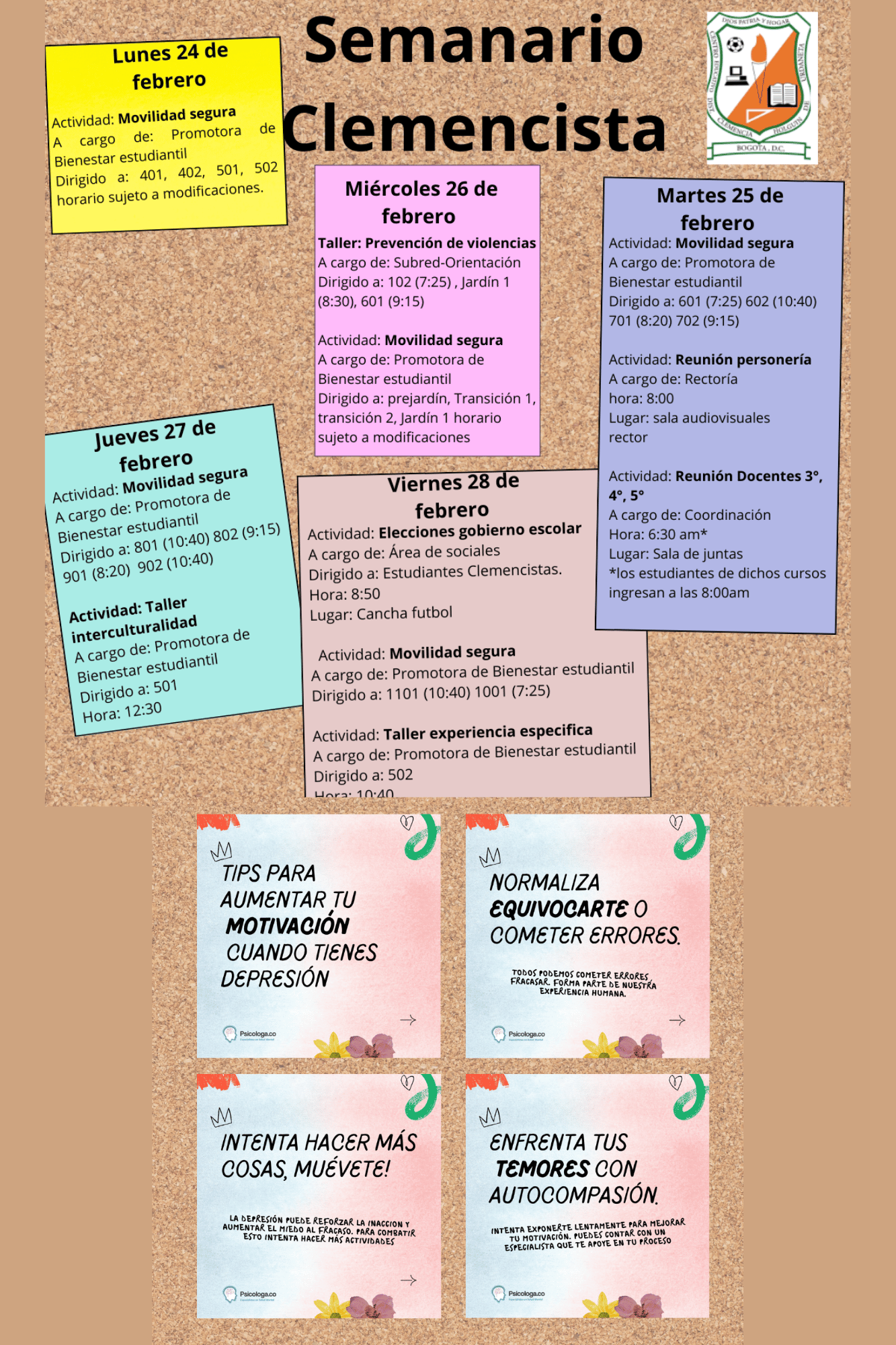 Boletín de actividades semanales del colegio Clemencia Holguín de Urdaneta I.E.D.