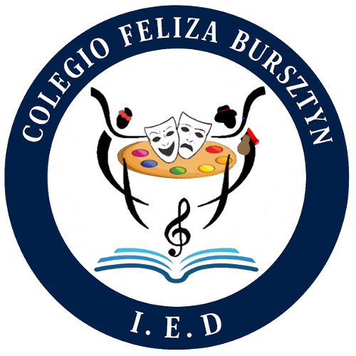 Escudo del Colegio Feliza Bursztyn I.E.D. con forma circular. El borde azul oscuro contiene el nombre de la institución en letras blancas, con 'I.E.D.' en la parte inferior. En el centro, dos figuras humanas estilizadas representan un bailarín y un pintor, flanqueando una paleta de colores con máscaras teatrales. Abajo hay una clave de sol sobre un libro abierto azul.
