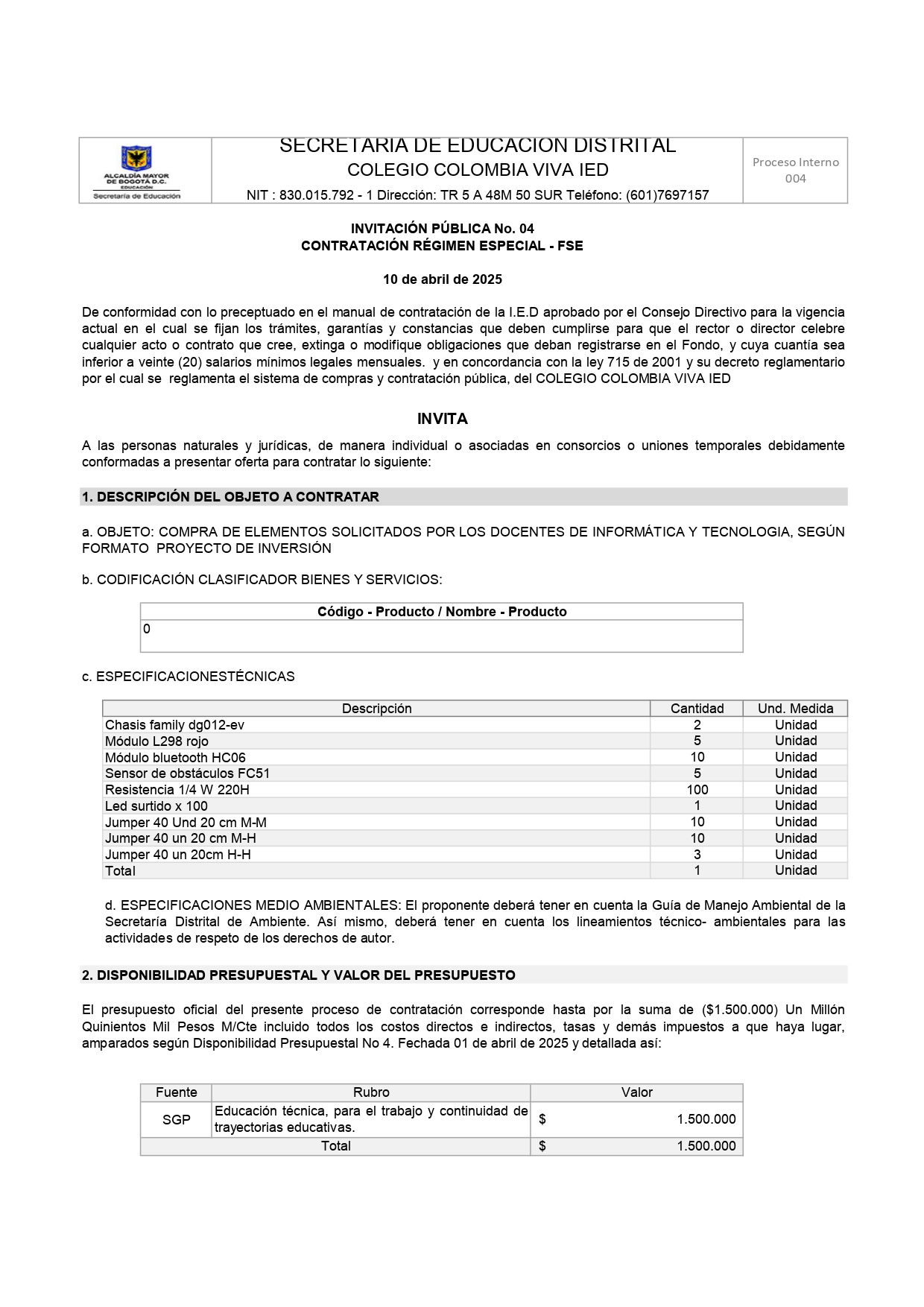 LLAMADO A OFERTAS COMPRA DE ELEMENTOS PROYECTO DE ROBOTICA