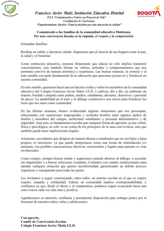 Comunicado a las familias de la comunidad educativa Maticiana