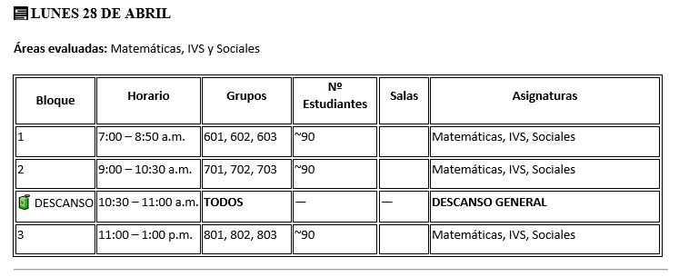 SEDE A (6 a 11) CRONOGRAMA DE EVALUACIONES POR COMPETENCIAS – PRIMER PERIODO