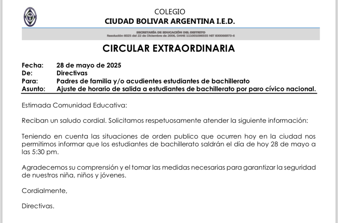 Urgente! Circular Extraordinaria. Cambio Horario salida de bachillerato  hoy 28 de mayo