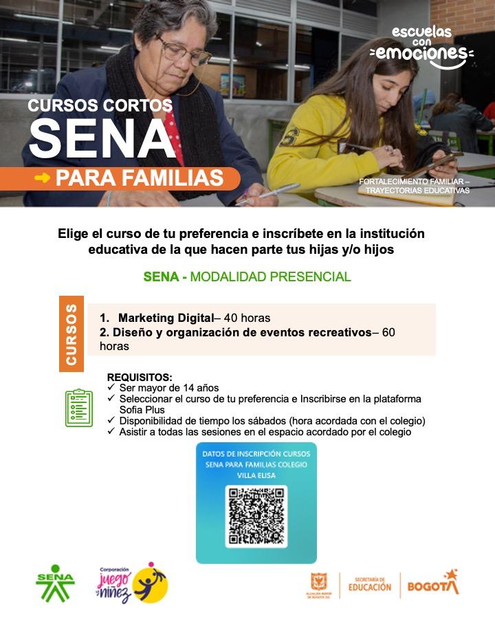 El Colegio Villa Elisa I.E.D. invita a toda la comunidad educativa a participar en la iniciativa del SENA en la que se brindan los cursos de "Marketing Digital" y "Diseño y organización de eventos recreativos".