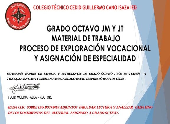 MATERIAL GRADO OCTAVO PROCESO EXPLORACIÓN VOCACIONAL Y ASIGNACIÓN DE ESPECIALIDAD 