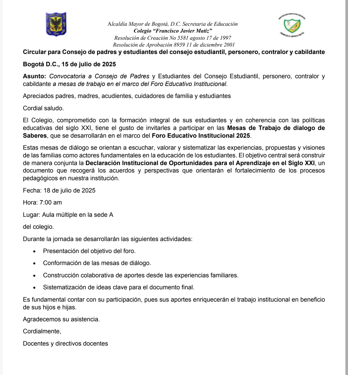 Convocatoria a Consejo de Padres y Estudiantes del Consejo Estudiantil, personero, contralor y cabildante a mesas de trabajo en el marco del Foro Educativo Institucional
