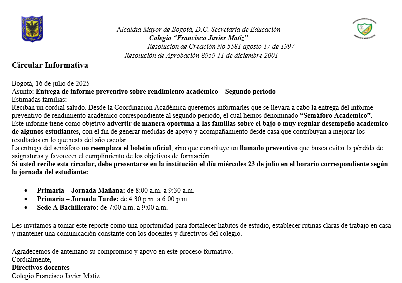 Entrega de informe preventivo sobre rendimiento académico – Segundo período