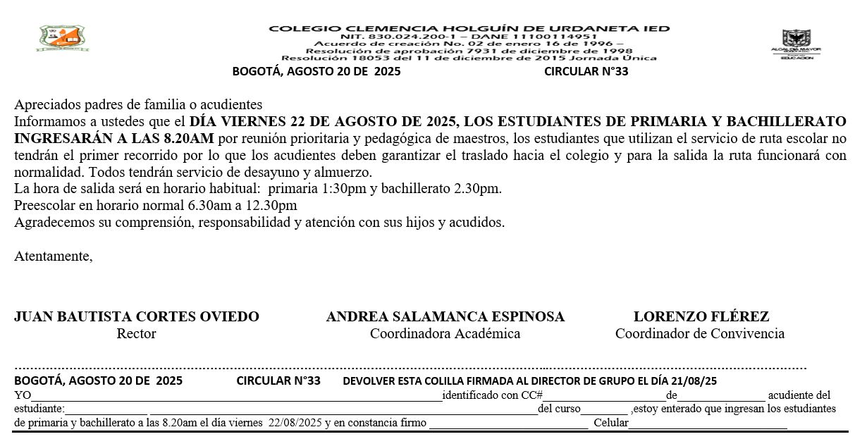 CIRCULAR INFORMATIVA INGRESO A LAS 8.20AM PARA PRIMARIA Y BACHILLERATO EL 22/08/25